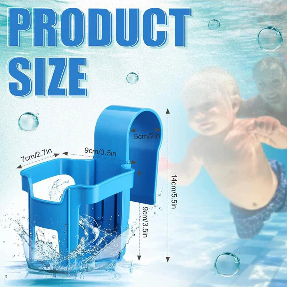 Poolside drink holder attached to the edge of a swimming pool, securely holding a variety of beverage containers.