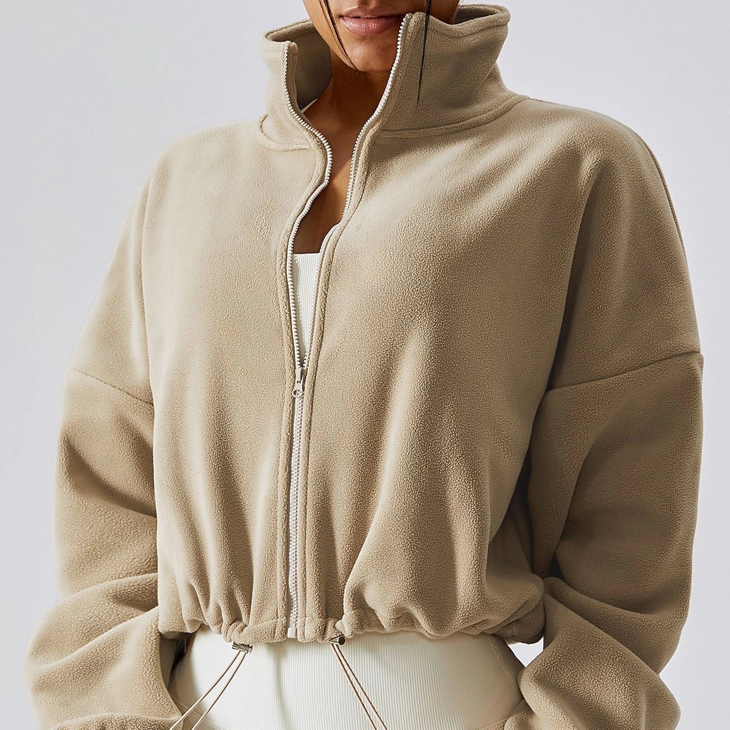 Luxurious cashmere-blend autumn jacket for women with stand collar and loose fit, available in a range of classic British colours
