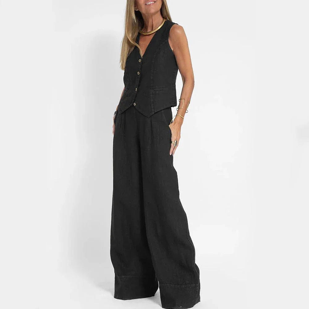 Sleeveless top and straight-leg trousers set in various colors, including apricot, olive green, black, and white.