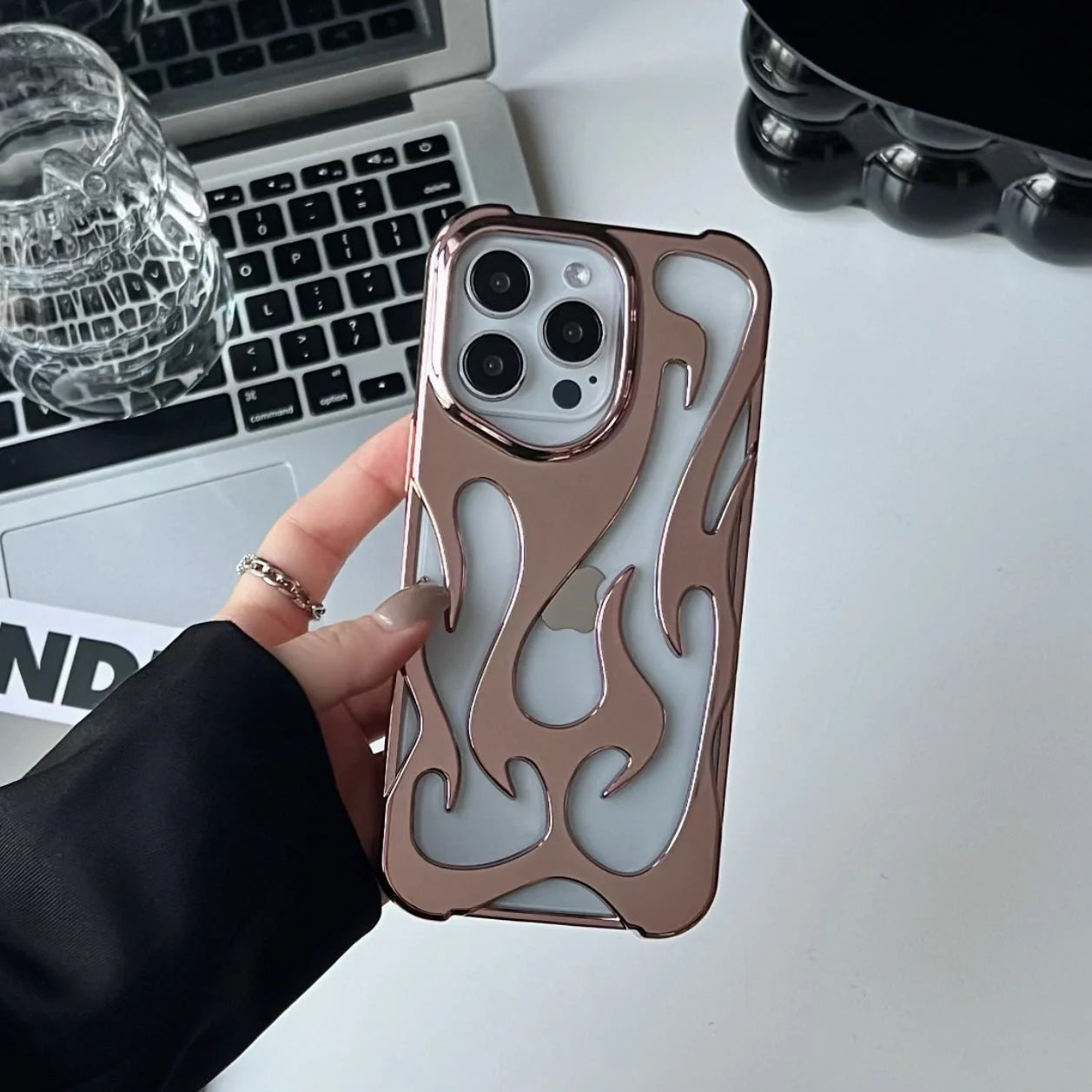 Premium electroplated iPhone case with hollow flame pattern for heat dissipation