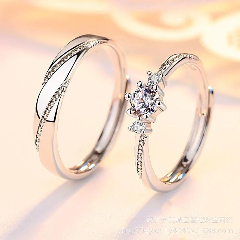 Adjustable Sterling Silver Couple Rings with geometric design and gold-plated inlay
