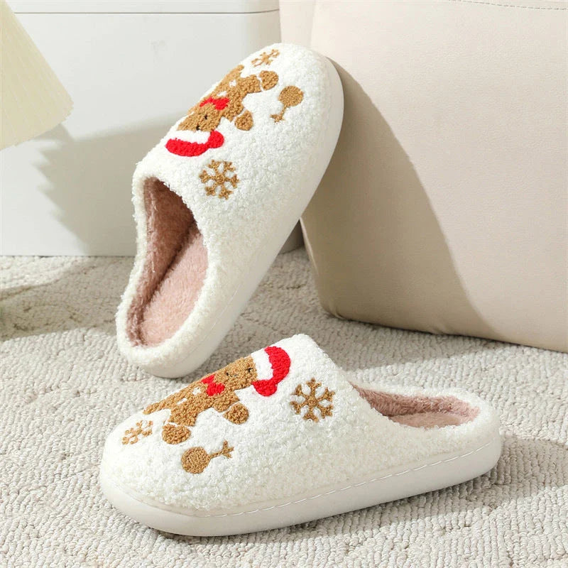Cozy Christmas snowflake and gingerbread man slippers with plush, non-slip soles for comfortable indoor wear