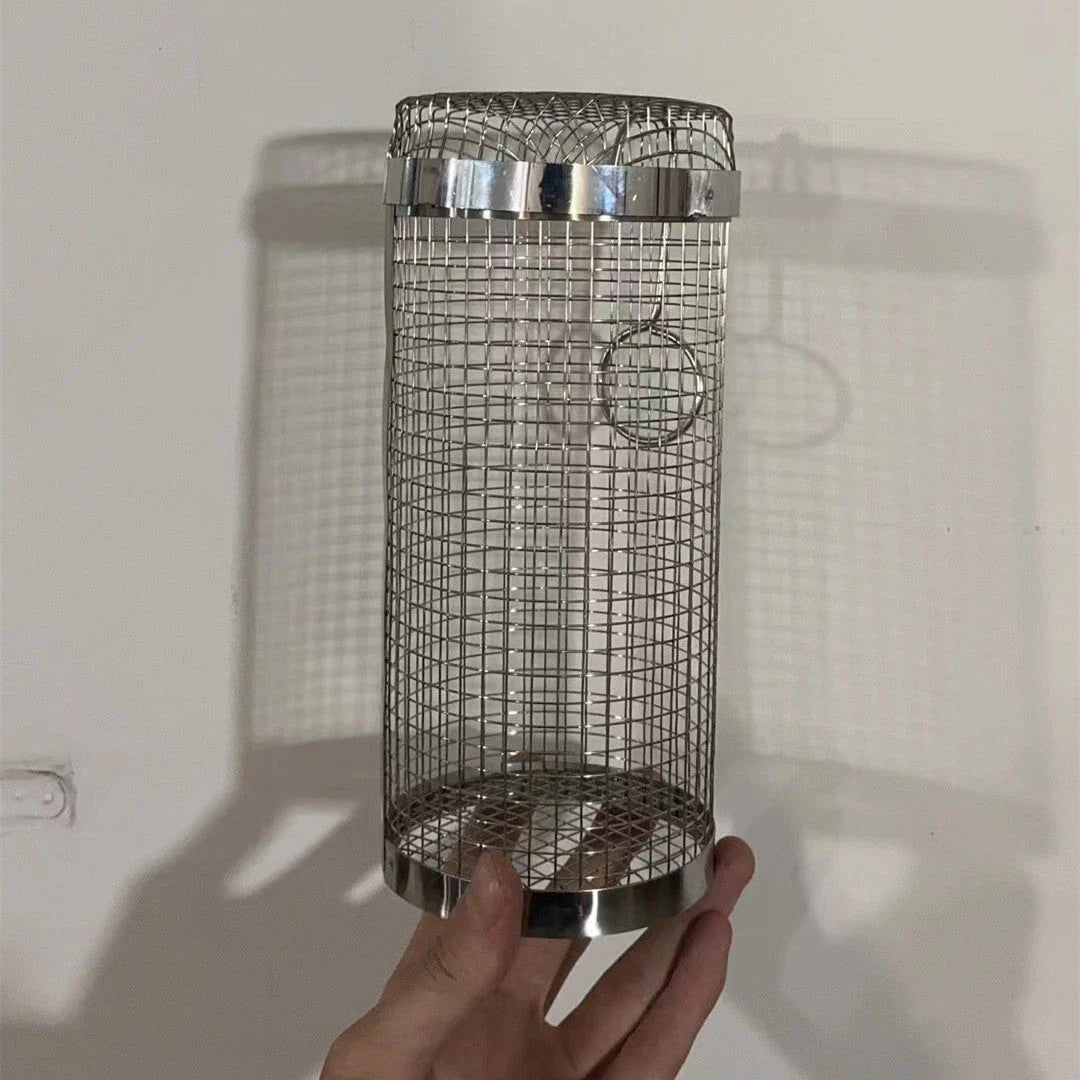 A stainless steel wire mesh grilling basket with a round shape, designed for versatile outdoor cooking and barbecue.