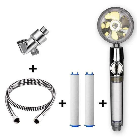A high-pressure shower head with a stop button, cotton filter, and powerful water pressure for a luxurious bathing experience.