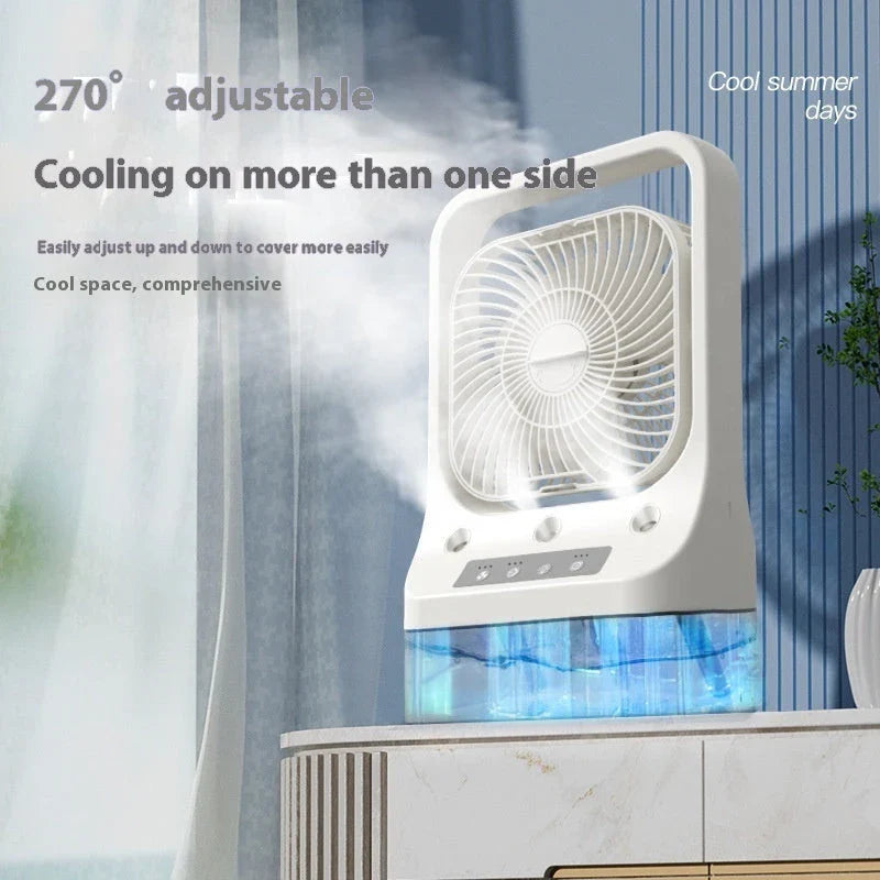 USB rechargeable cooling fan with water tank, adjustable airflow, and colorful night lights for enhanced indoor climate control