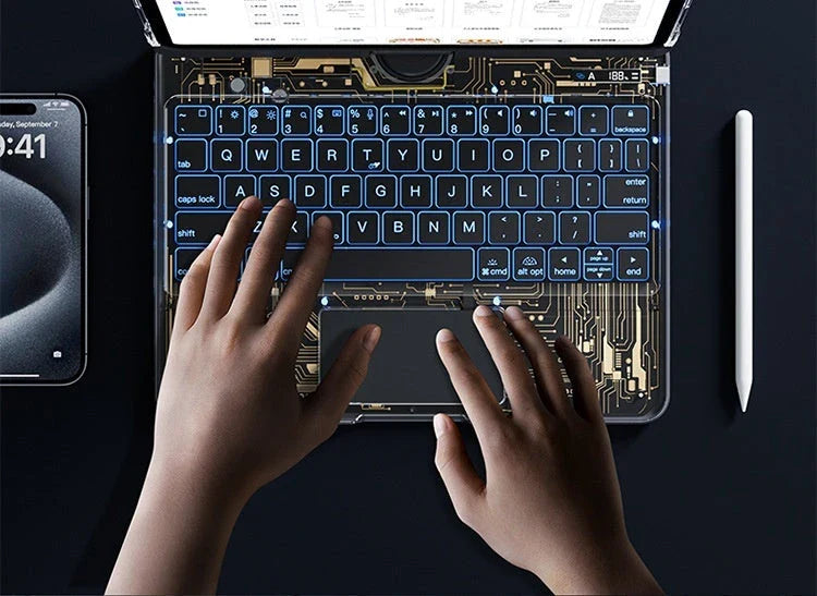 360-degree rotating keyboard case with transparent backplate and built-in Apple Pencil holder for iPad