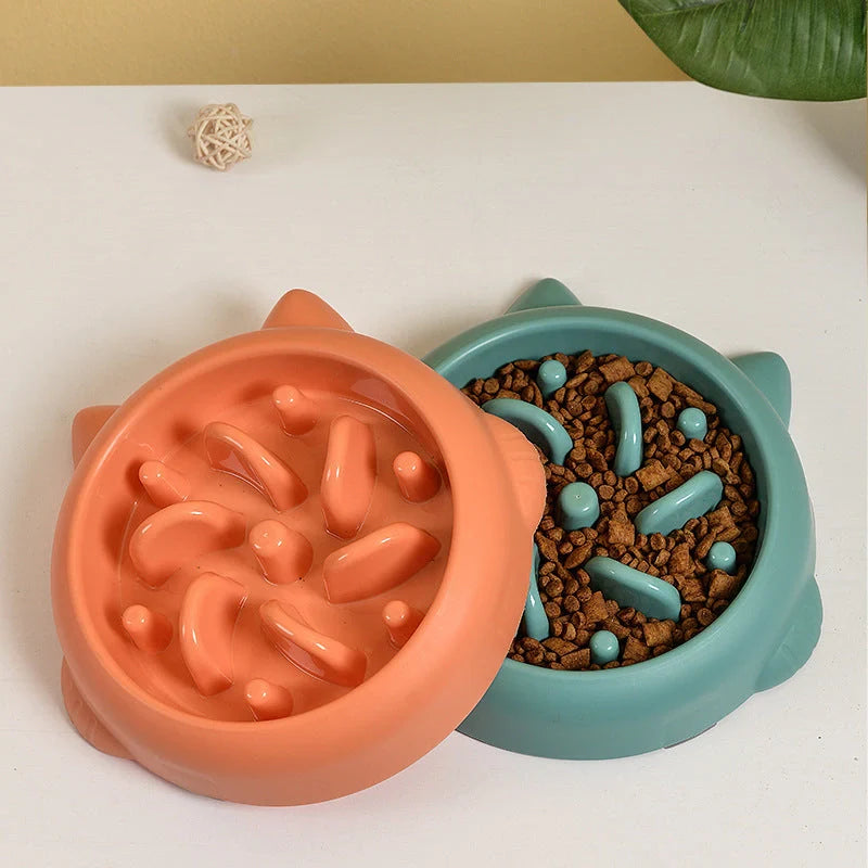 Pet slow feeder bowl in green, pink, or orange with anti-choking design