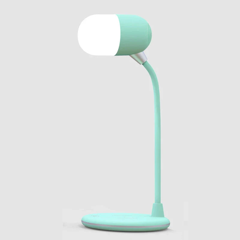 Versatile 3-in-1 desk lamp with wireless charging, Bluetooth speaker, and adjustable brightness controls