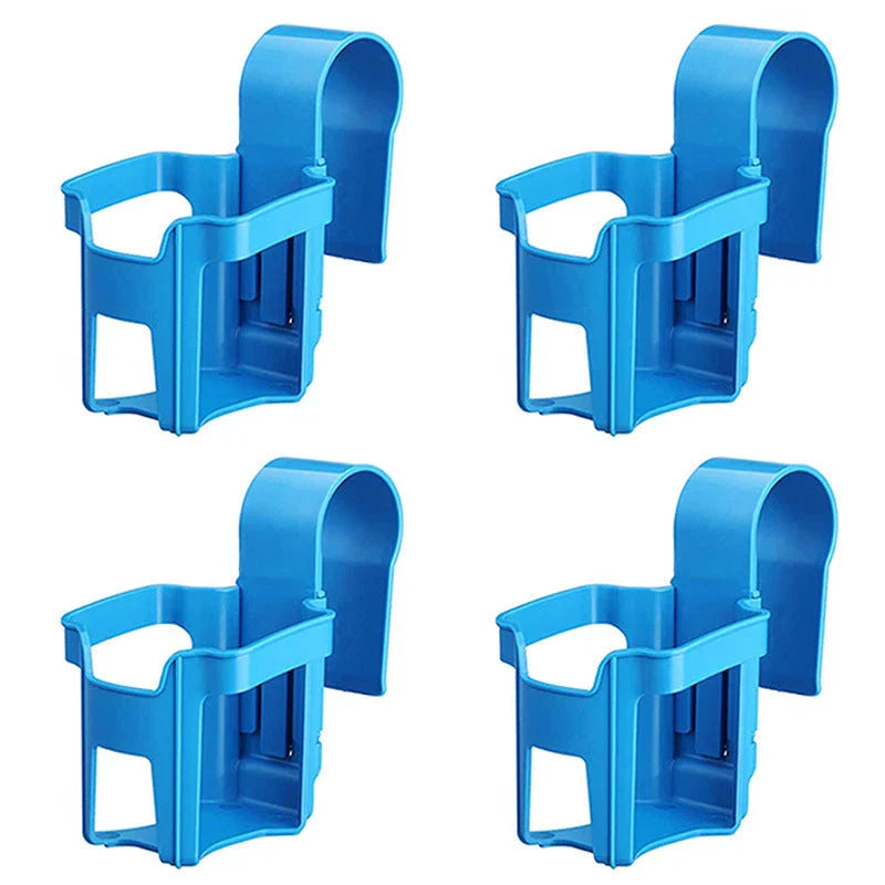 Poolside drink holder attached to the edge of a swimming pool, securely holding a variety of beverage containers.