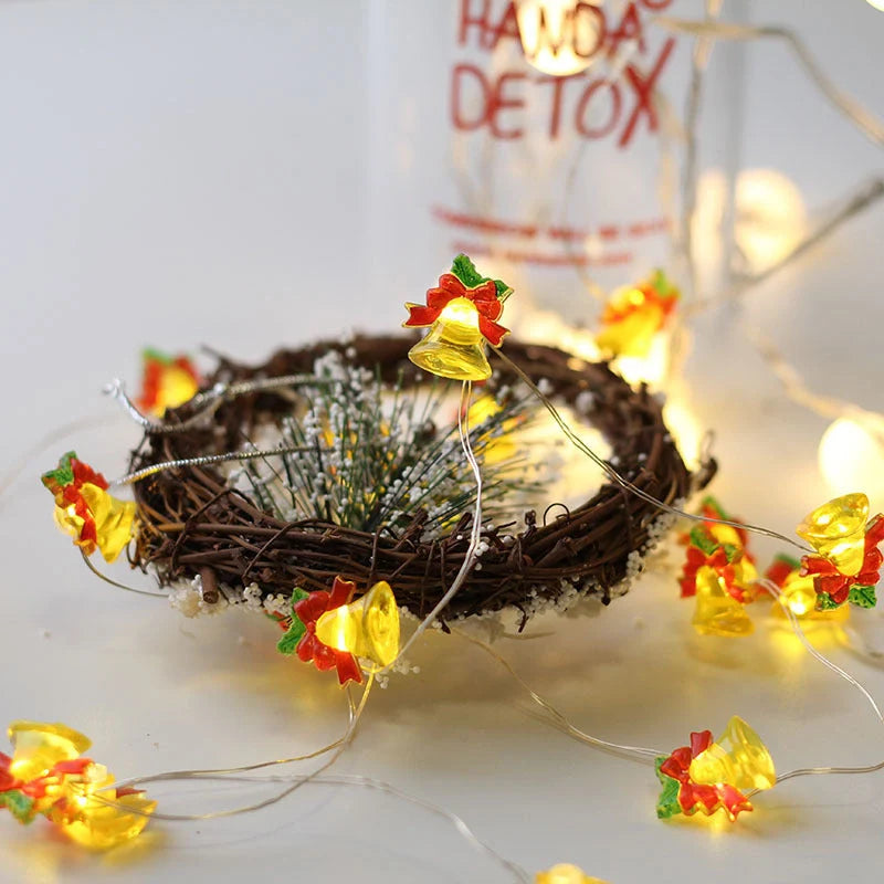 Festive LED string lights with Christmas-themed ornaments for home and party decor