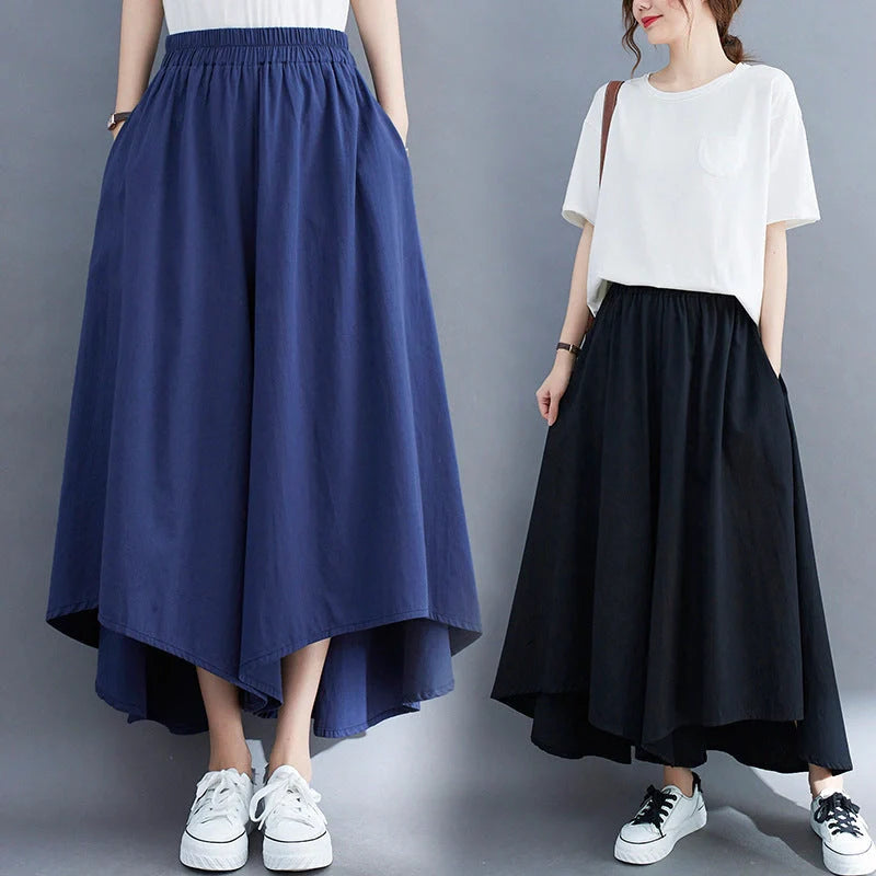 Stylish ladies' loose cropped trousers in various colours, including black, light green, blue, and apricot