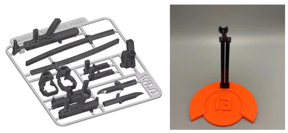 Poseable 3D-printed transforming robot action figure toy in various bright colors