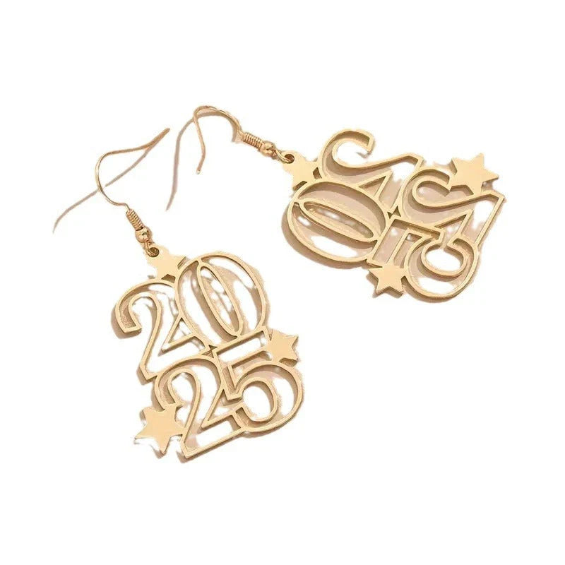 Gold-tone dangle earrings with '2025' design, ideal for New Year's Eve and other fashionable celebrations