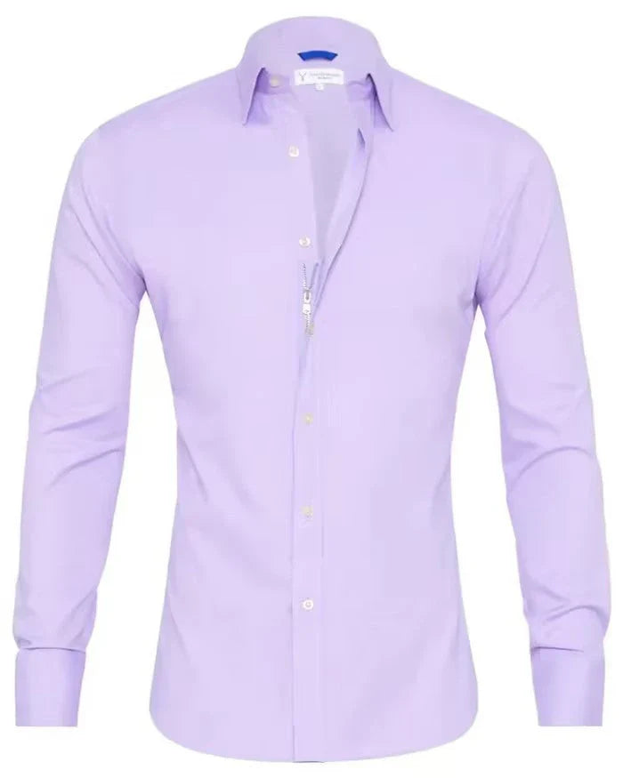Long sleeve zip-up shirt with button and lapel details in a variety of colors