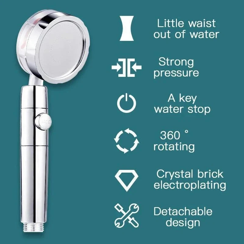 A high-pressure shower head with a stop button, cotton filter, and powerful water pressure for a luxurious bathing experience.