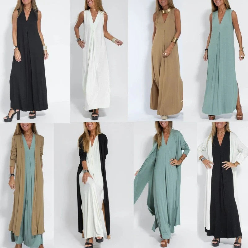 Stylish Women's V-neck Sleeveless Dress with Long Cardigan in various colors