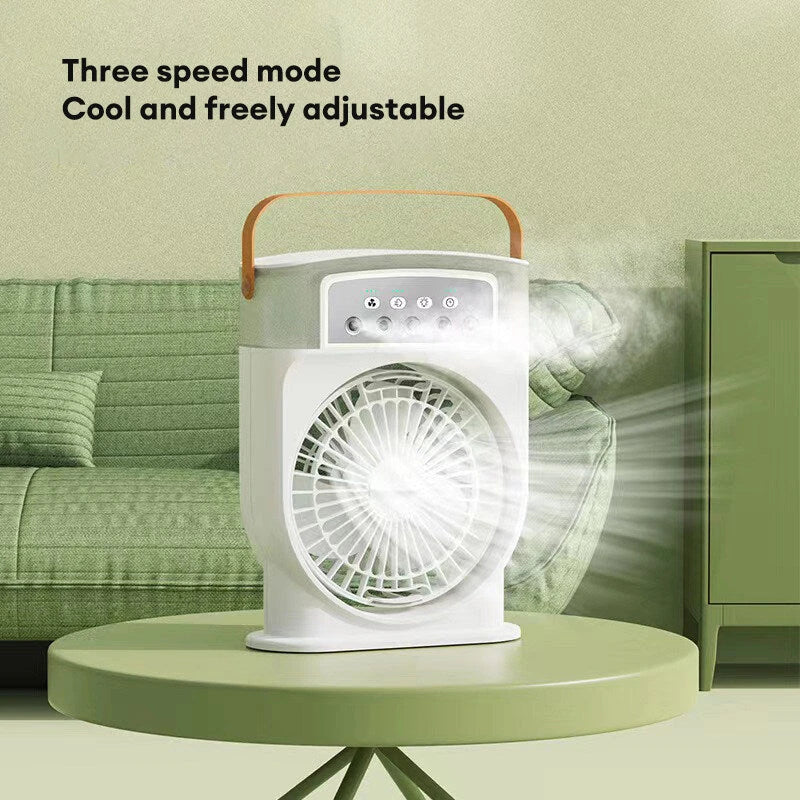 Compact USB-powered evaporative air cooler with 7-color mood lighting, portable design, and powerful fan for personal climate control