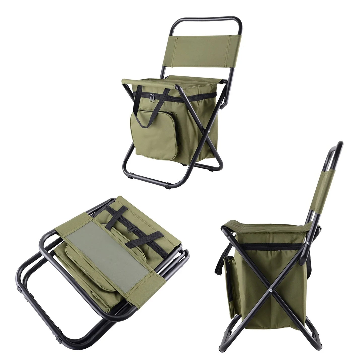 Portable foldable fishing chair with built-in refrigerator for keeping drinks and snacks chilled during outdoor activities