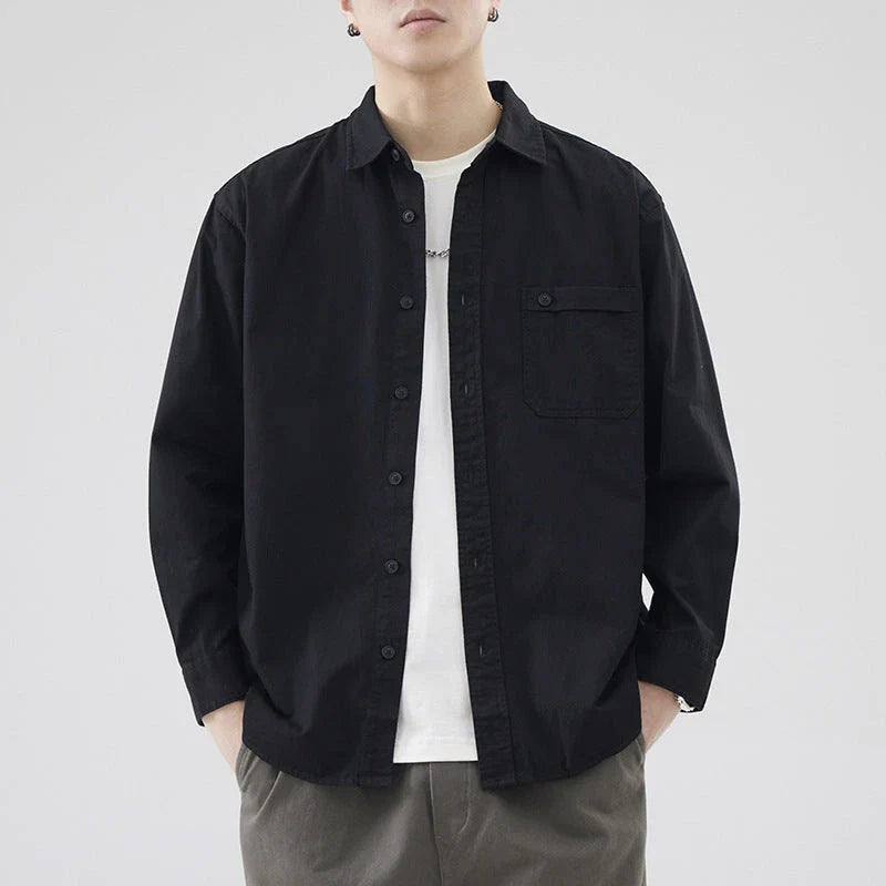 LKTM men's long-sleeved shirt in black, white, and grey colours, featuring a classic American-inspired design and premium cotton construction