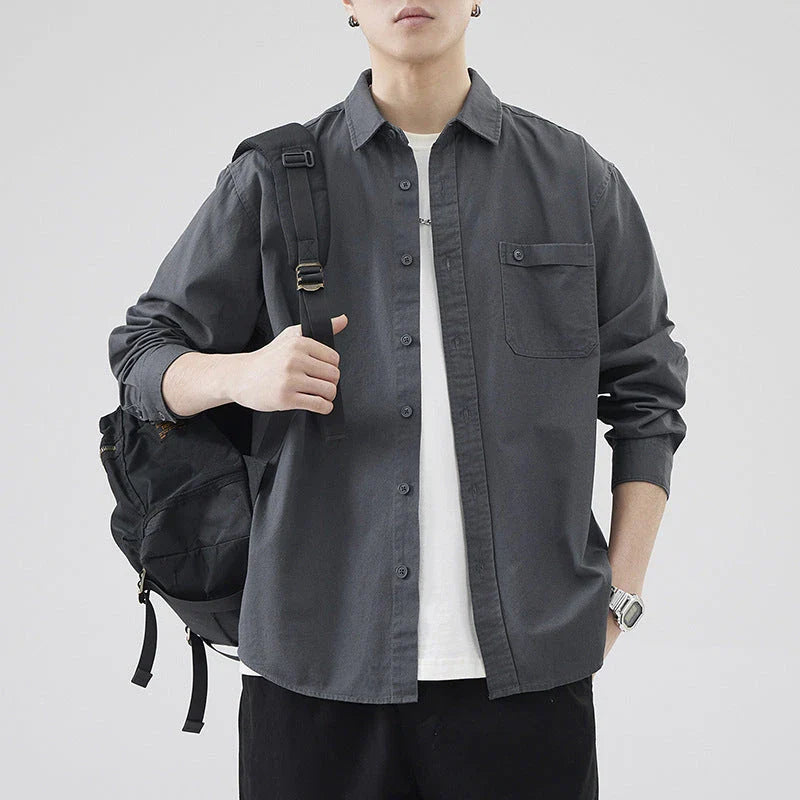 LKTM men's long-sleeved shirt in black, white, and grey colours, featuring a classic American-inspired design and premium cotton construction