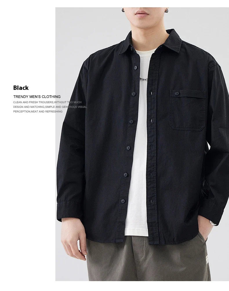 LKTM men's long-sleeved shirt in black, white, and grey colours, featuring a classic American-inspired design and premium cotton construction