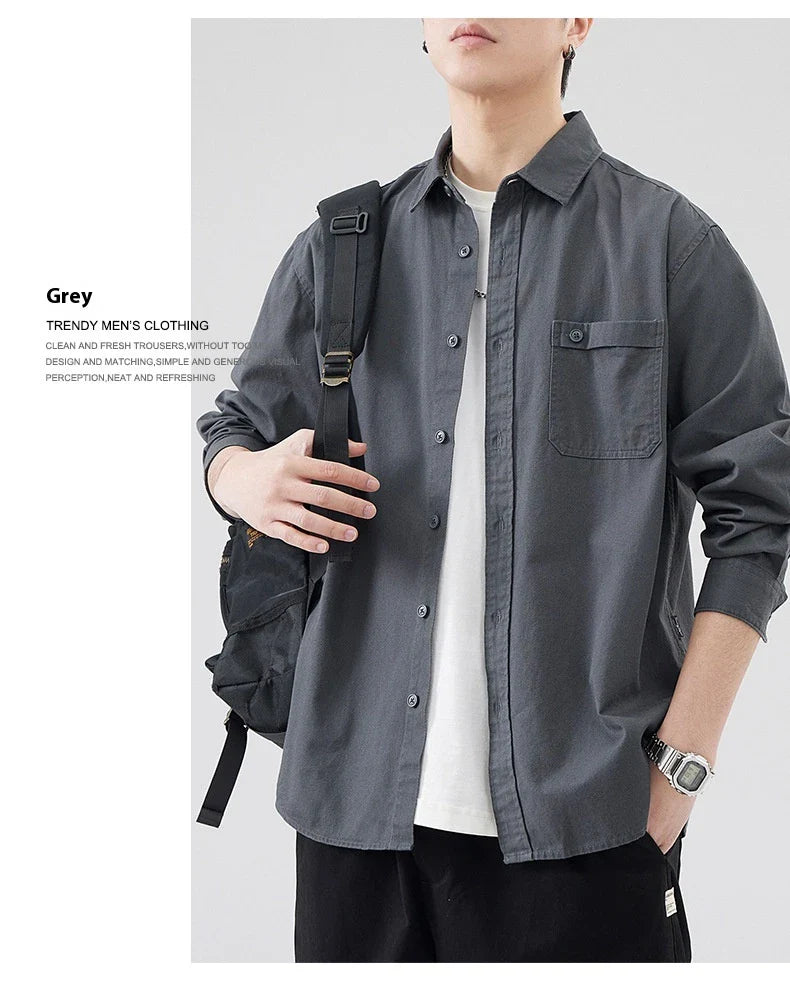 LKTM men's long-sleeved shirt in black, white, and grey colours, featuring a classic American-inspired design and premium cotton construction