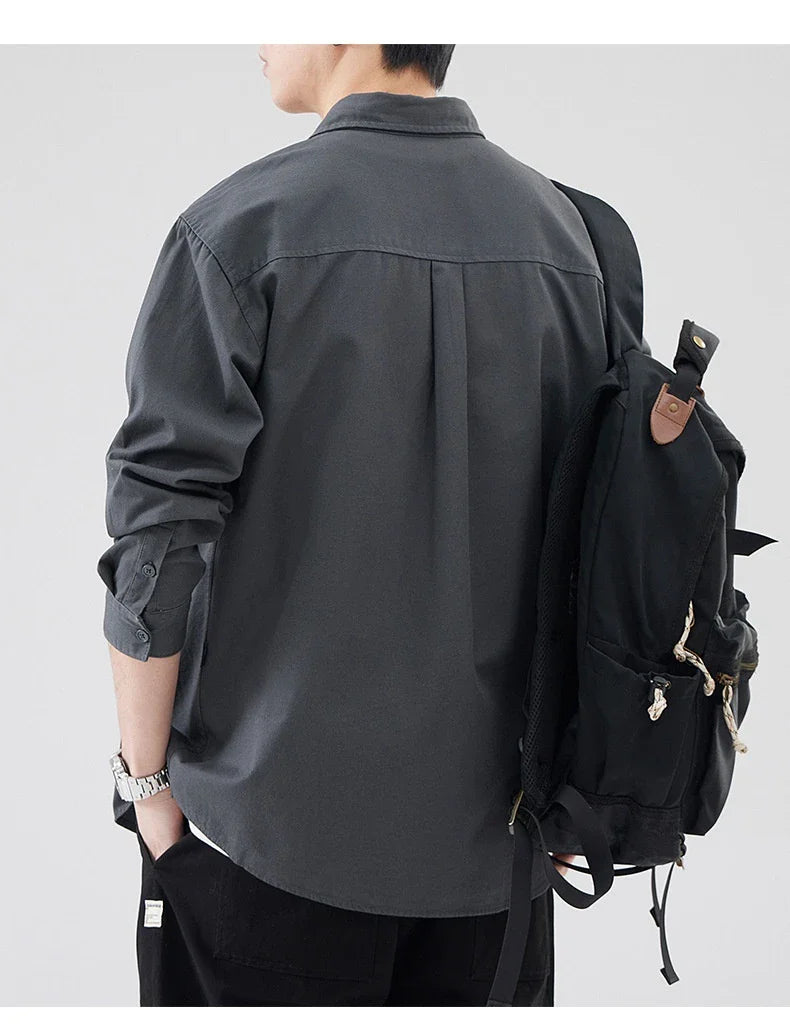LKTM men's long-sleeved shirt in black, white, and grey colours, featuring a classic American-inspired design and premium cotton construction