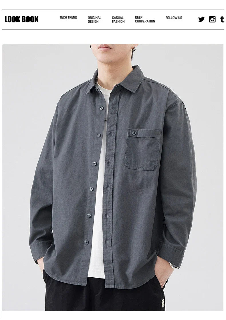 LKTM men's long-sleeved shirt in black, white, and grey colours, featuring a classic American-inspired design and premium cotton construction