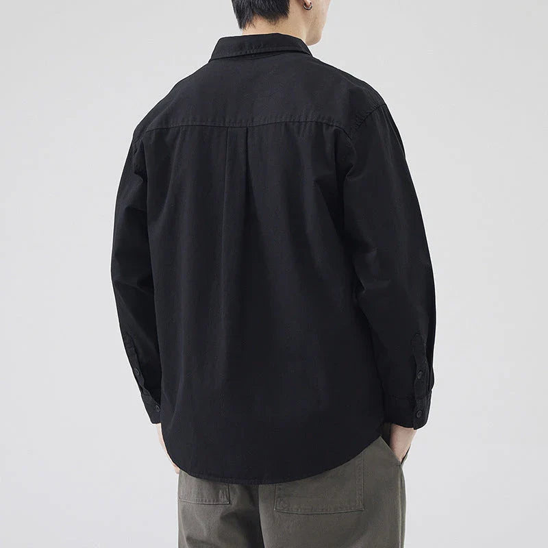 LKTM men's long-sleeved shirt in black, white, and grey colours, featuring a classic American-inspired design and premium cotton construction