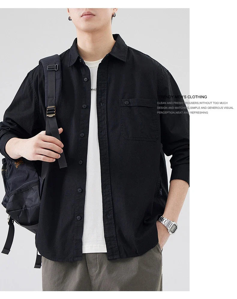 LKTM men's long-sleeved shirt in black, white, and grey colours, featuring a classic American-inspired design and premium cotton construction