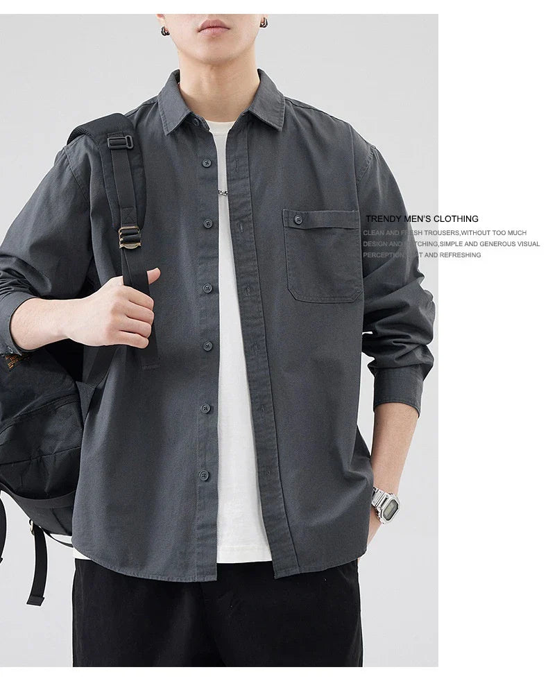LKTM men's long-sleeved shirt in black, white, and grey colours, featuring a classic American-inspired design and premium cotton construction