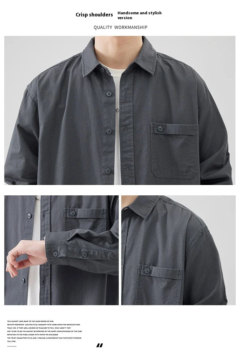 LKTM men's long-sleeved shirt in black, white, and grey colours, featuring a classic American-inspired design and premium cotton construction