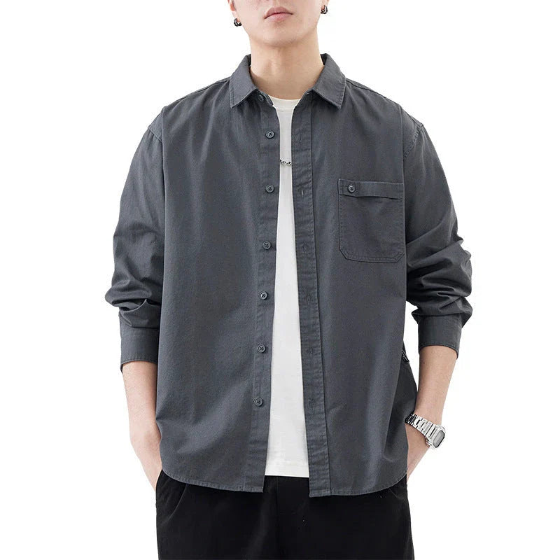 LKTM men's long-sleeved shirt in black, white, and grey colours, featuring a classic American-inspired design and premium cotton construction