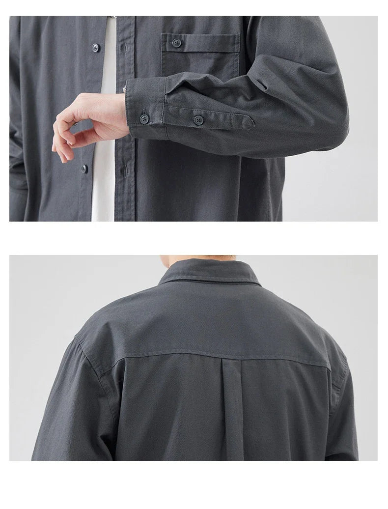 LKTM men's long-sleeved shirt in black, white, and grey colours, featuring a classic American-inspired design and premium cotton construction