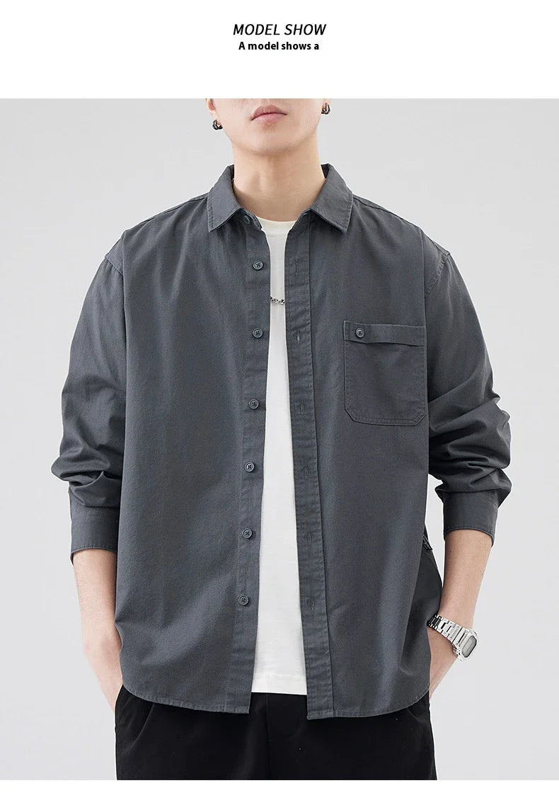 LKTM men's long-sleeved shirt in black, white, and grey colours, featuring a classic American-inspired design and premium cotton construction
