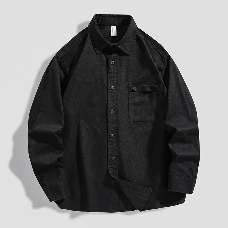 LKTM men's long-sleeved shirt in black, white, and grey colours, featuring a classic American-inspired design and premium cotton construction
