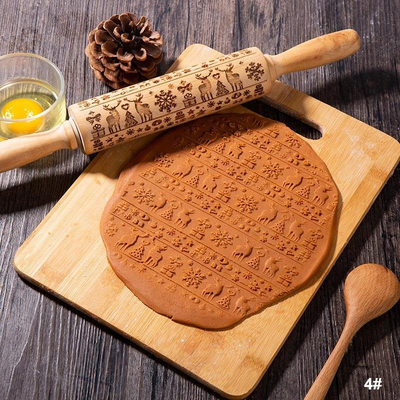 Embossed rolling pin made of natural wood with intricate designs for creating textured baked goods