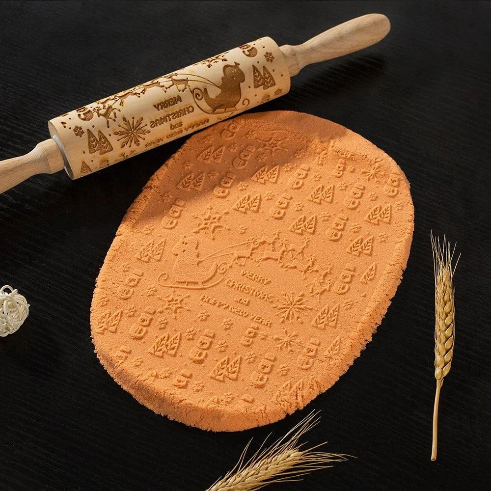 Embossed rolling pin made of natural wood with intricate designs for creating textured baked goods