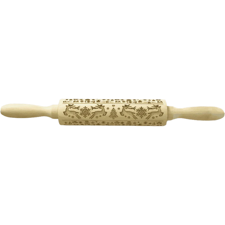 Embossed rolling pin made of natural wood with intricate designs for creating textured baked goods