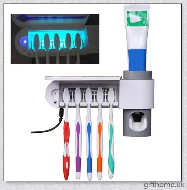 A sleek and modern 3-in-1 toothbrush holder with a toothpaste dispenser, UV sterilizer, and wall-mounted design for bathroom organisation.