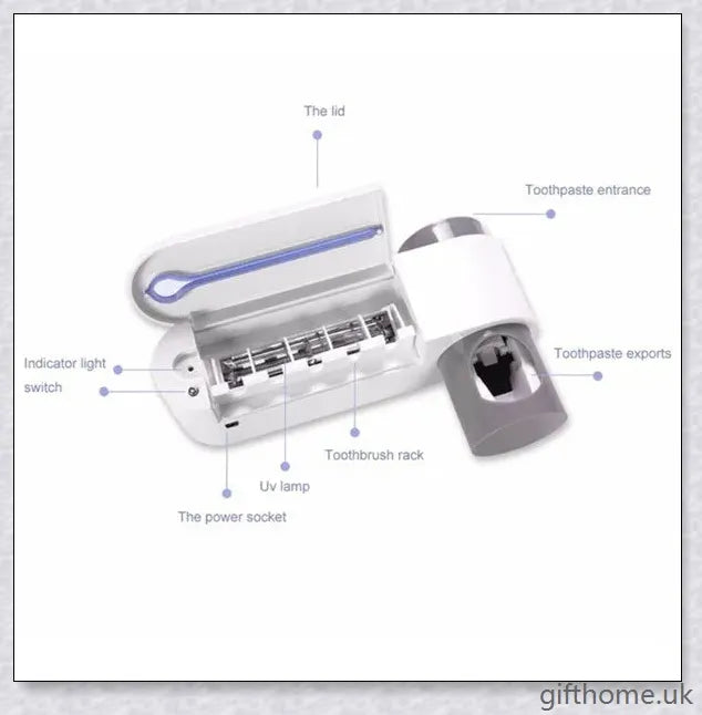 A sleek and modern 3-in-1 toothbrush holder with a toothpaste dispenser, UV sterilizer, and wall-mounted design for bathroom organisation.