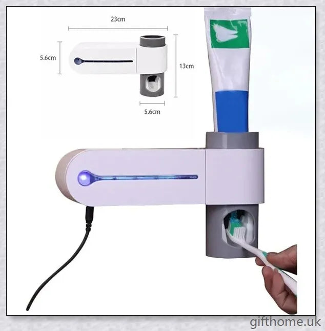 A sleek and modern 3-in-1 toothbrush holder with a toothpaste dispenser, UV sterilizer, and wall-mounted design for bathroom organisation.