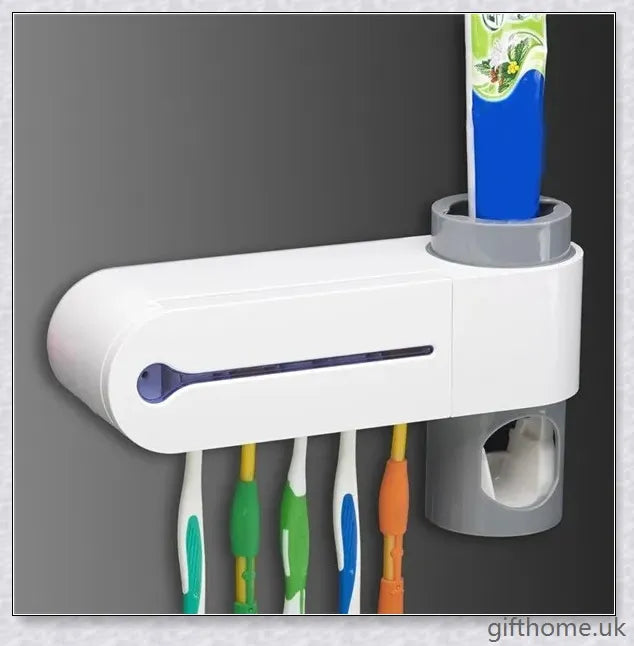 A sleek and modern 3-in-1 toothbrush holder with a toothpaste dispenser, UV sterilizer, and wall-mounted design for bathroom organisation.