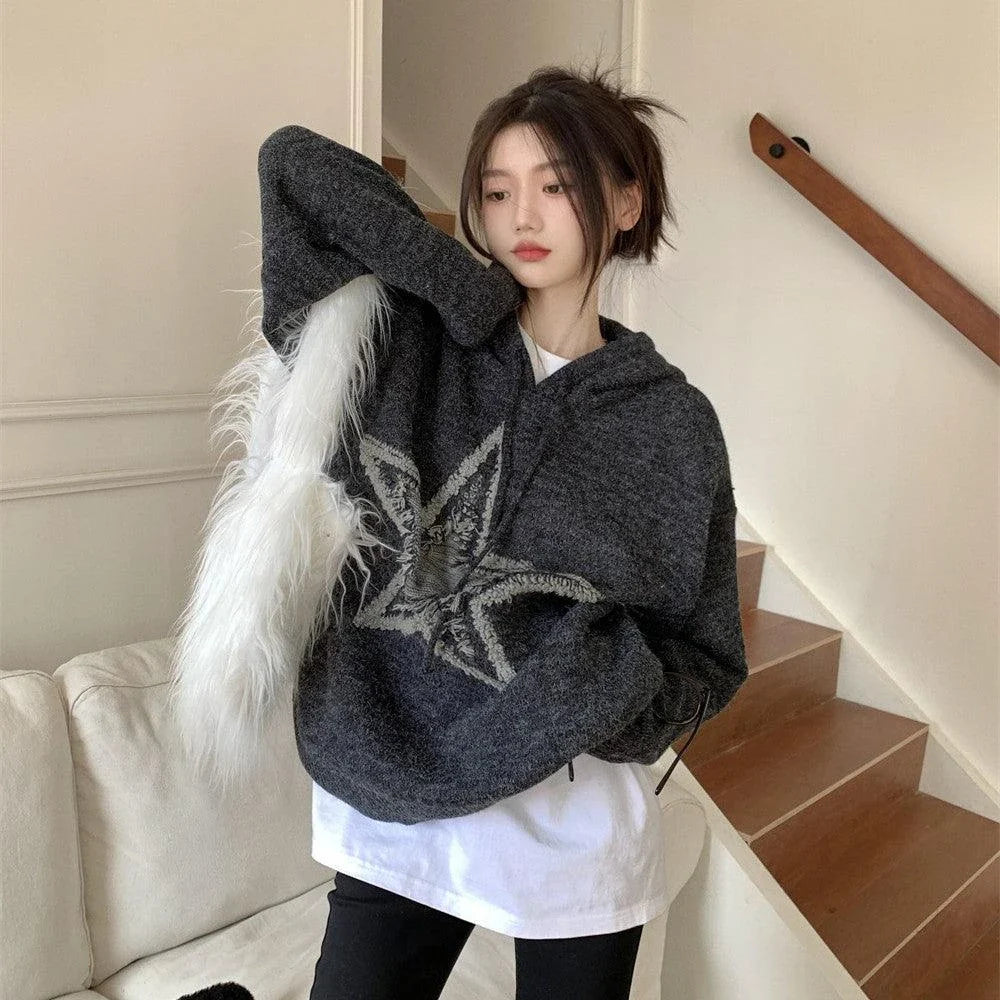 Autumn and winter American vintage five-pointed star design sweater in dark grey colour