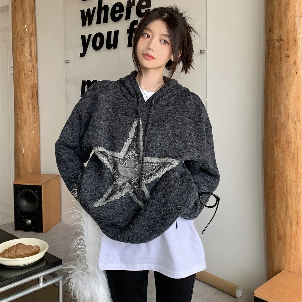 Autumn and winter American vintage five-pointed star design sweater in dark grey colour
