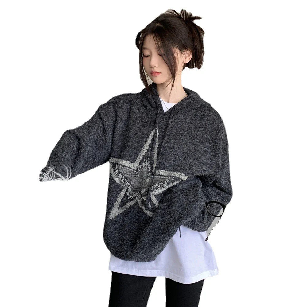 Autumn and winter American vintage five-pointed star design sweater in dark grey colour