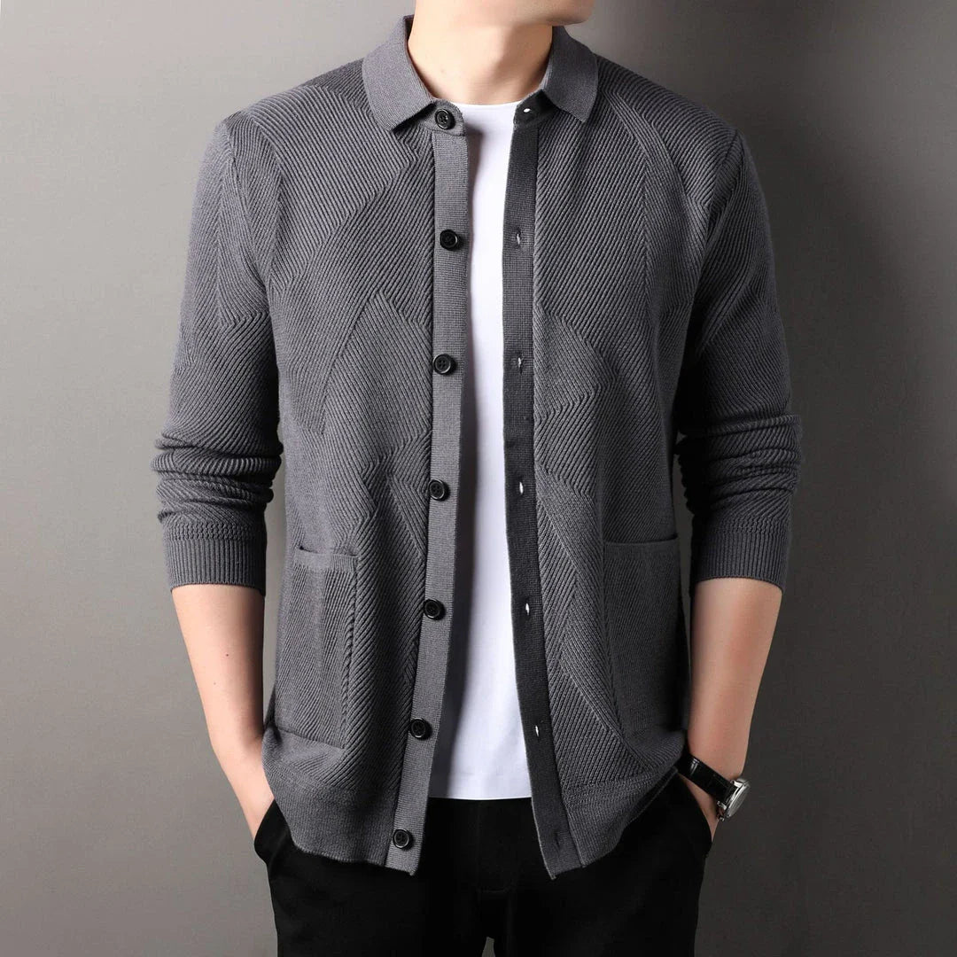 A stylish and cosy men's knitted cardigan with a fashionable lapel design, available in a range of classic neutral tones.