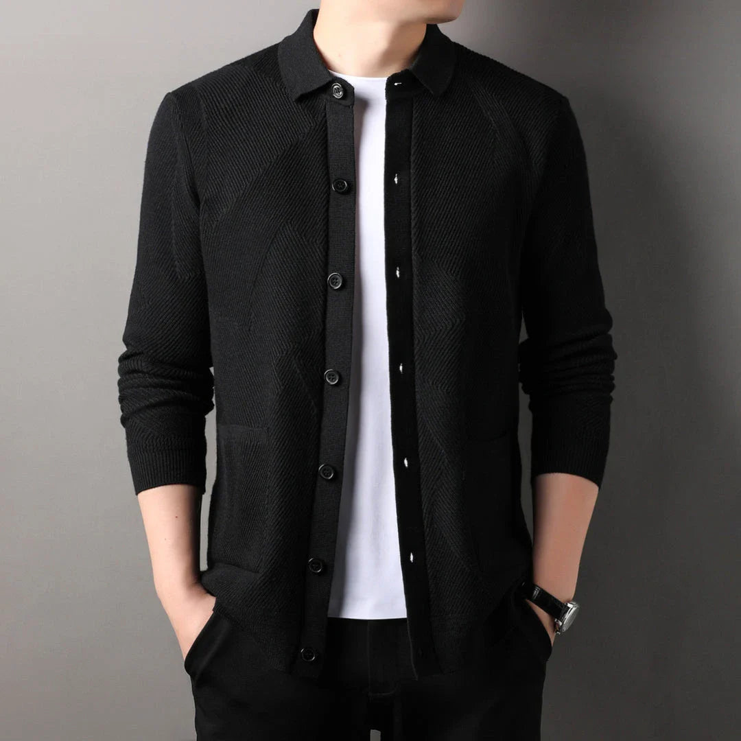 A stylish and cosy men's knitted cardigan with a fashionable lapel design, available in a range of classic neutral tones.