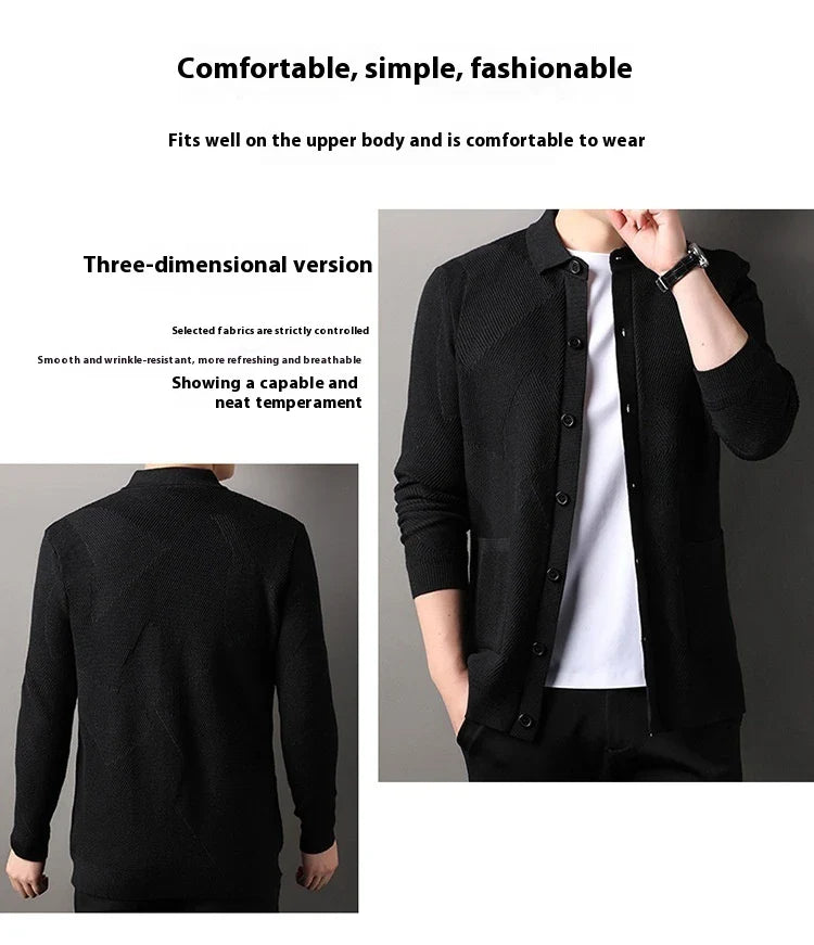 A stylish and cosy men's knitted cardigan with a fashionable lapel design, available in a range of classic neutral tones.