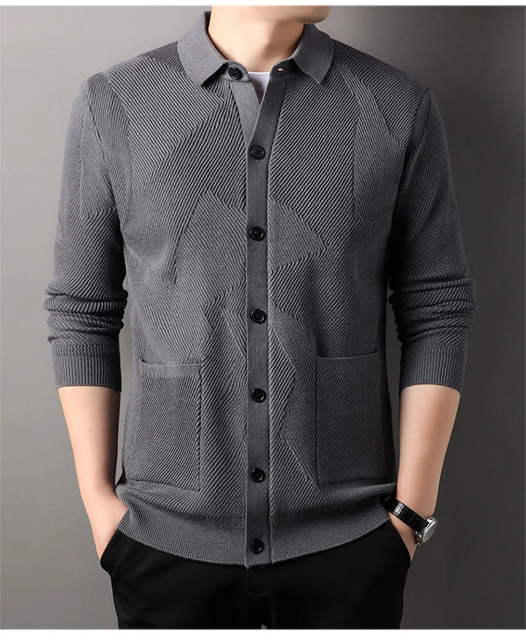 A stylish and cosy men's knitted cardigan with a fashionable lapel design, available in a range of classic neutral tones.